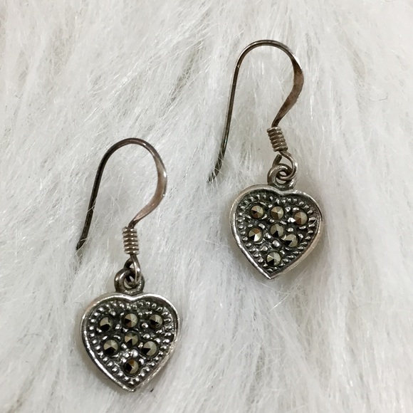 Jewelry - Sterling silver marcasite heart dangle earrings.